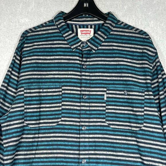 Levi's Button Up Shirt Linen Blend Striped Men's Size XL Green/Blue/Black - Picture 2 of 10